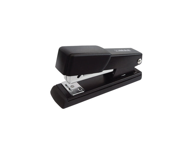 Engrapadora metálica Mae media tira con base de goma, capacidad de 20 hojas y recolector de grapas, color negro satinado.