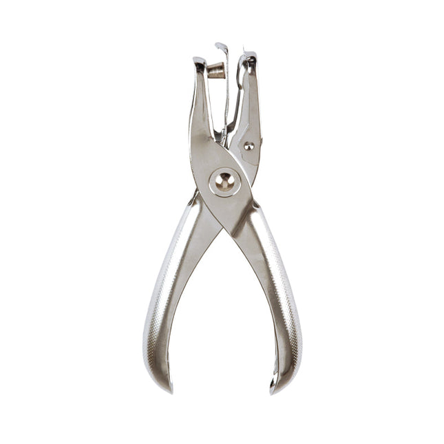 Perforadora metálica Mae de un orificio, perforación de 1.5 mm, con recipiente recolector, sobre fondo blanco.