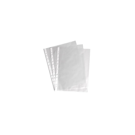 Paquete de 100 bolsillos transparentes Aink tamaño carta con múltiples perforaciones, sobre fondo blanco.