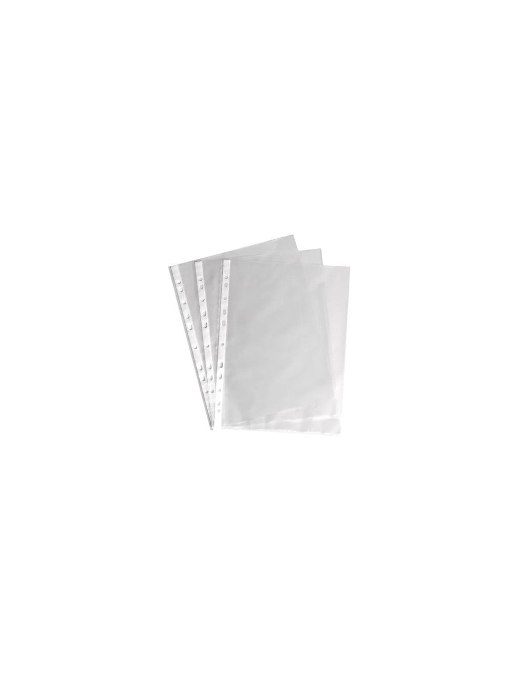 Paquete de 100 bolsillos transparentes Aink tamaño carta con múltiples perforaciones, sobre fondo blanco.