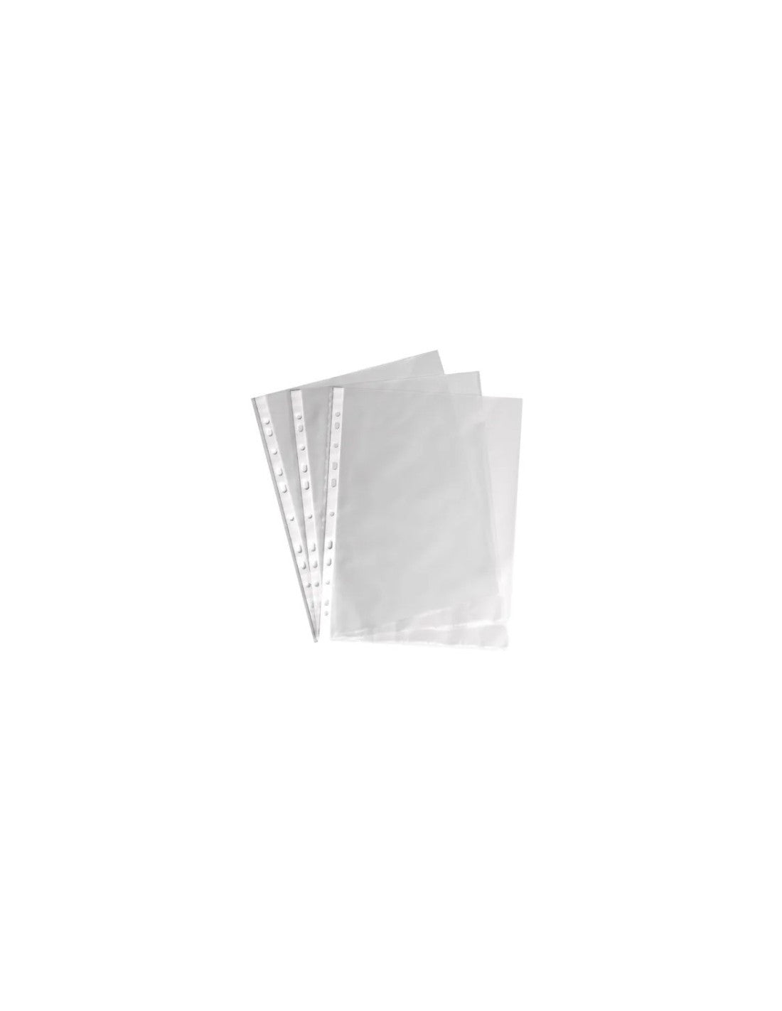 Paquete de 100 bolsillos transparentes Aink tamaño carta con múltiples perforaciones, sobre fondo blanco.