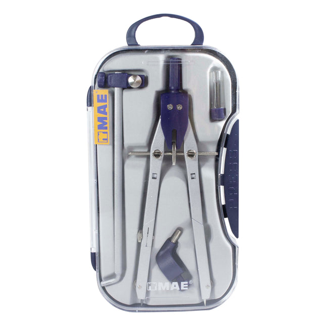 Compás de precisión MAE metálico con accesorios (alargadera, adaptador universal, portaminas y minas), en estuche plástico azul-plateado.