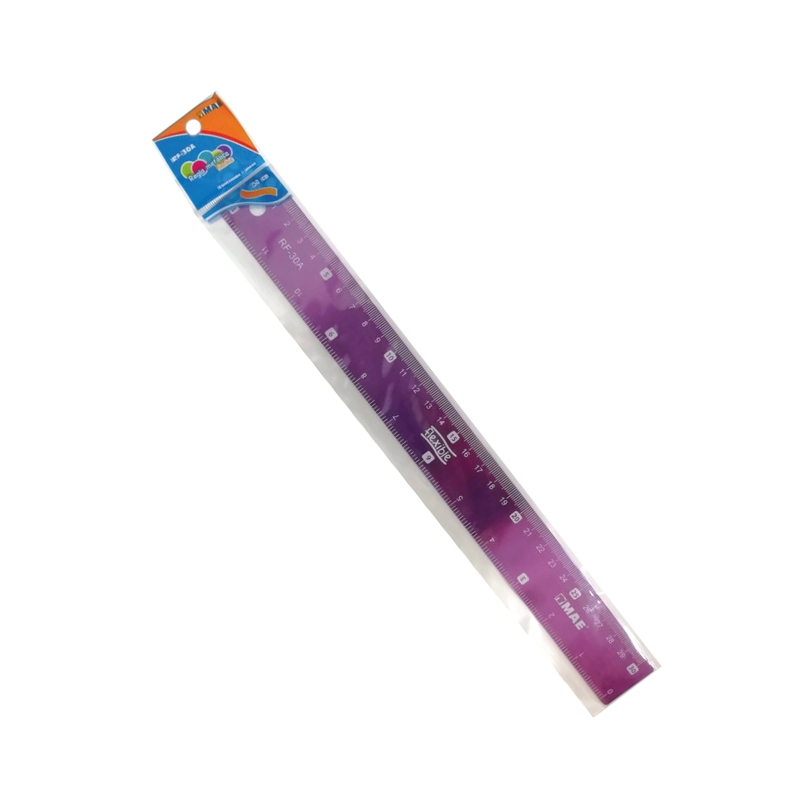 Regla metálica MAE de 30 cm en aluminio flexible con graduación en centímetros y pulgadas sobre fondo blanco.