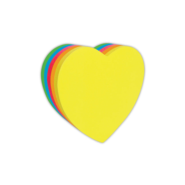 Bloc de notas adhesivas tipo post‑it en forma de corazón con 250 hojas de 67×67 mm, colores neón surtidos (amarillo, naranja, fucsia, azul, verde)