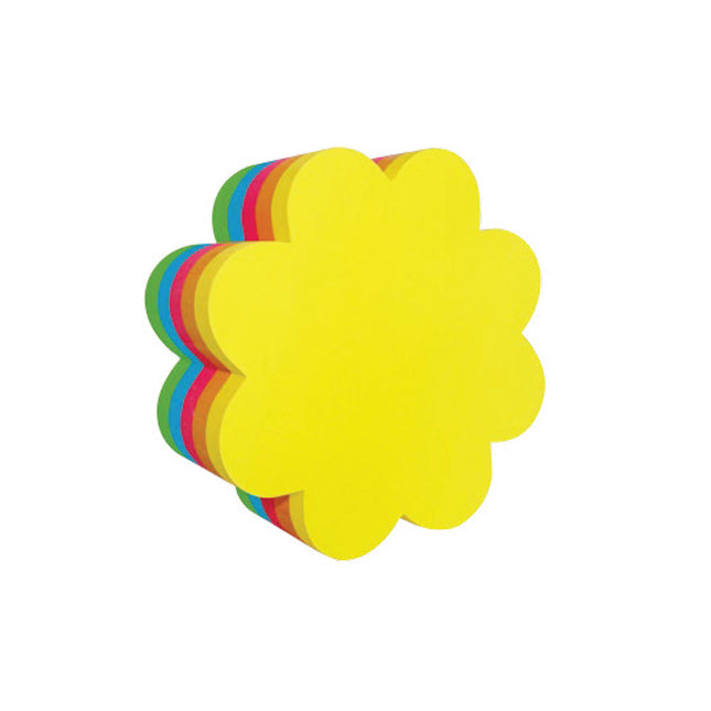 Bloc de notas adhesivas tipo post-it en forma de flor, con 250 hojas de 67×67 mm en colores neón surtidos (amarillo, naranja, fucsia, azul, verde).