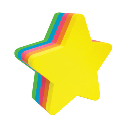 Bloc de notas adhesivas tipo post-it en forma de estrella con 250 hojas de 67×67 mm, colores neón surtidos (amarillo, naranja, fucsia, azul, verde).