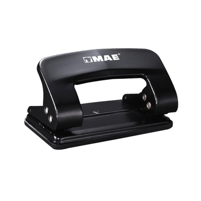 Perforadora metálica Mae de 2 orificios con guía ajustable y recolector de residuos, en color negro.