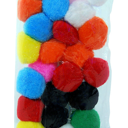 Treinta pompones de colores surtidos, de aproximadamente 45 mm de diámetro, agrupados sobre fondo blanco.