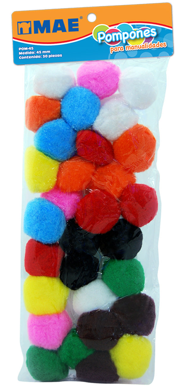 Treinta pompones de colores surtidos, de aproximadamente 45 mm de diámetro, agrupados sobre fondo blanco.