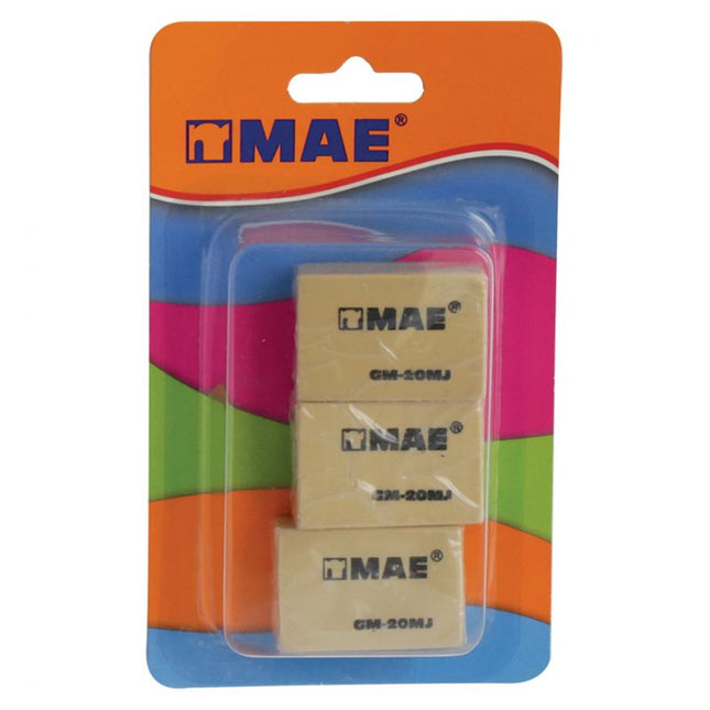 Tres borradores tipo miga de pan Mae GM‑20MJ, forma esponjosa blanca, pack de tres unidades suaves y moldeables visibles.