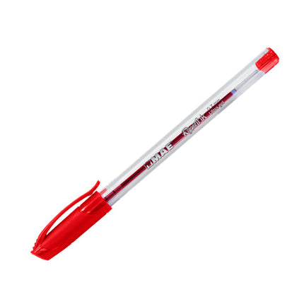 Bolígrafo triangular rojo Mae punta fina 0.7 mm con cuerpo transparente opaco, ergonomía triangular y tinta líquida, sobre fondo blanco.