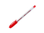Bolígrafo triangular rojo Mae punta fina 0.7 mm con cuerpo transparente opaco, ergonomía triangular y tinta líquida, sobre fondo blanco.
