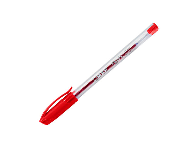 Bolígrafo triangular rojo Mae punta fina 0.7 mm con cuerpo transparente opaco, ergonomía triangular y tinta líquida, sobre fondo blanco.