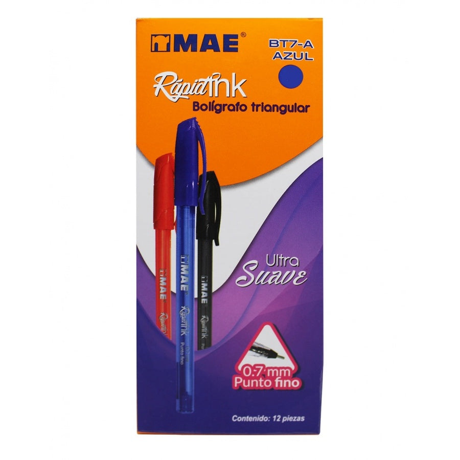 Caja de doce bolígrafos Mae retráctiles o de tapa con cuerpo triangular fino 0.7 mm y tinta negra, diseño ergonómico y tapa segura visible.


