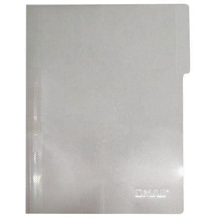 Carpeta legajadora Mae tamaño carta semitranslúcida en polipropileno con broche plástico de color transparente, sobre fondo blanco.