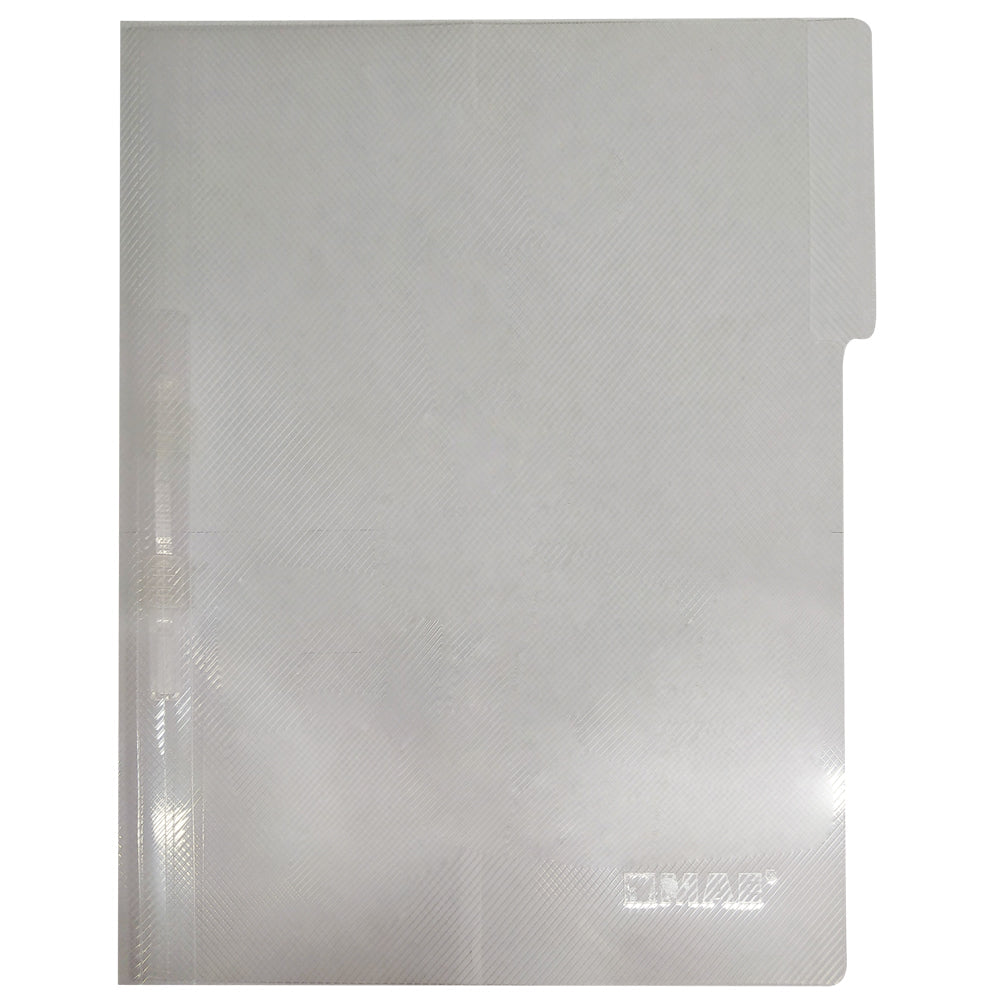 Carpeta legajadora Mae tamaño carta semitranslúcida en polipropileno con broche plástico de color transparente, sobre fondo blanco.