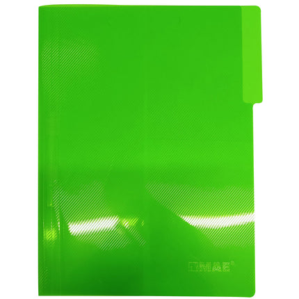 Carpeta legajadora Mae tamaño carta semitranslúcida en polipropileno con broche plástico de color verde, sobre fondo blanco.