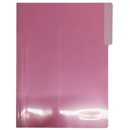 Carpeta legajadora Mae tamaño carta semitranslúcida en polipropileno con broche plástico de color rosado, sobre fondo blanco.