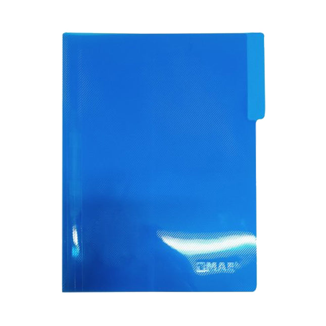 Carpeta legajadora Mae azul tamaño oficio en plástico polipropileno semitranslúcido con gancho legajador, sobre fondo blanco.