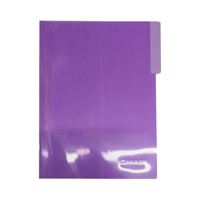Carpeta legajadora Morada  Mae tamaño oficio en plástico polipropileno semitranslúcido con gancho legajador, sobre fondo blanco.