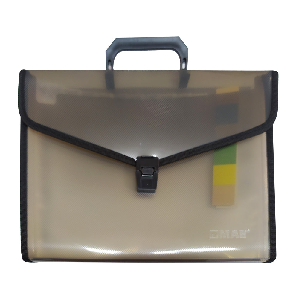 Archivador gris humo tipo acordeón Mae con 13 bolsillos, tamaño carta, color traslúcido, con pestañas de clasificación.