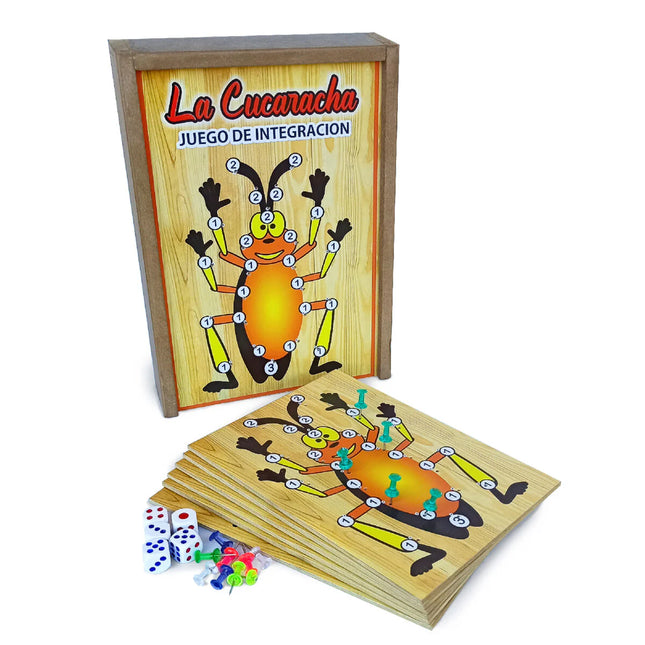 Juego de mesa “La Cucaracha” con tablero, dados y fichas, versión familiar para 2-7 jugadores.