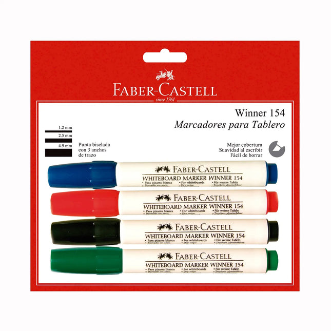 Set de 4 marcadores secos Faber-Castell ref. 604393 con colores surtidos y tinta de borrado limpio.