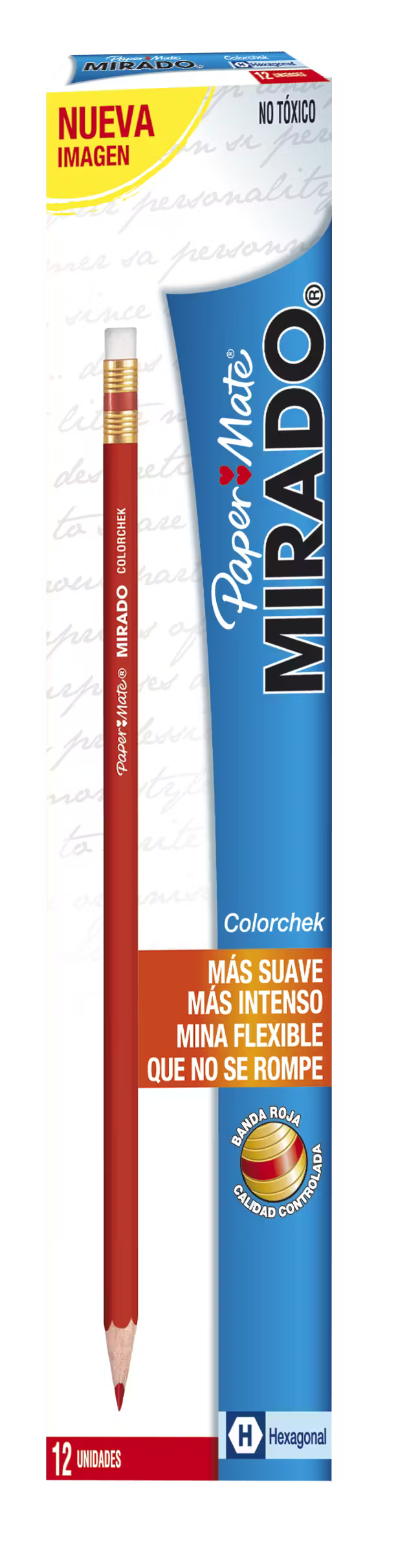 Caja de doce lápices de madera Paper Mate de escritura roja, con cuerpo pintado en rojo brillante, alineados sobre fondo blanco.