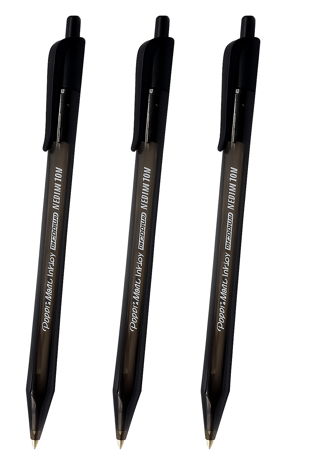 Tres bolígrafos retráctiles Kilométrico InkJoy en tinta negra, punta media 1.0 mm, cuerpo ergonómico y clip metálico visible.