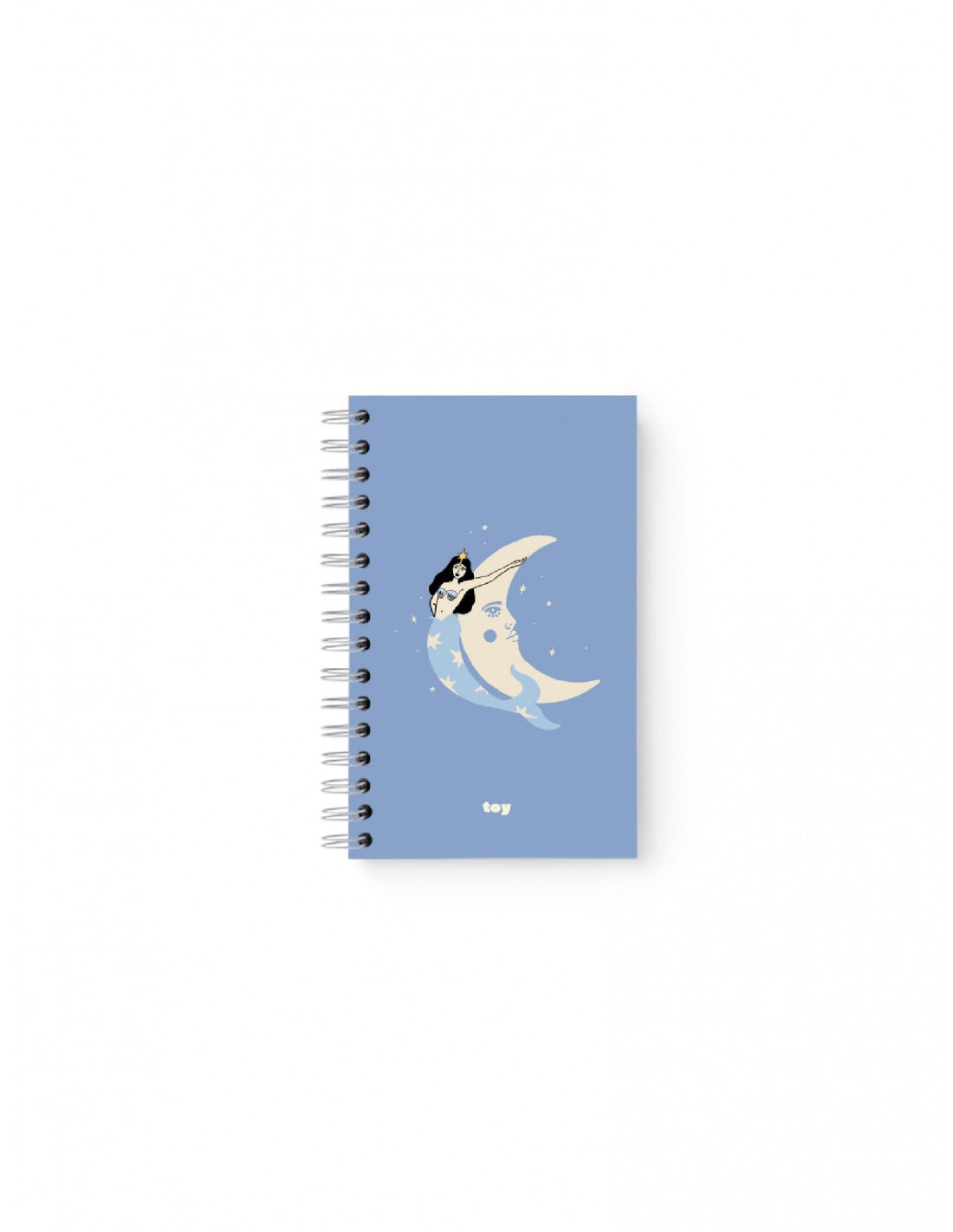 Cuaderno Luna Sirena Toy mediano 14×22 cm, 80 hojas bond rayadas o cuadriculadas, argollado metálico, bolsillo interior y stickers decorativos sobre fondo blanco.
