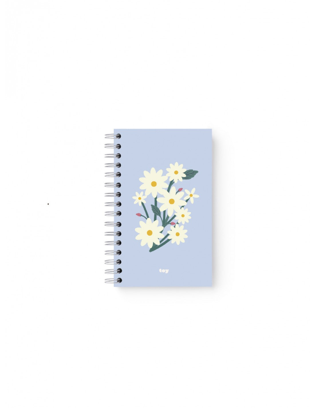 Cuaderno argollado mediano Garden Flores Blancas Toy (~14×22 cm), 80 hojas bond cuadriculadas 75 g/m², portada floral en blanco, argollado metálico, bolsillo interior y stickers decorativos sobre fondo blanco.