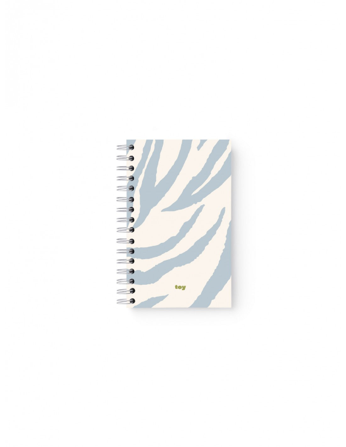 Cuaderno argollado mediano Toy con diseño de cebra azul claro sobre fondo crema, tamaño 14×22 cm, 80 hojas, argollado metálico, con stickers y bolsillo