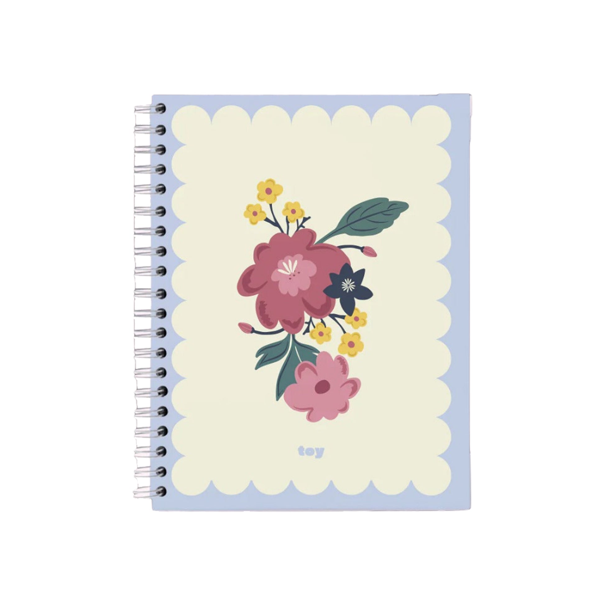 Cuaderno argollado grande Garden Toy con flores rosadas y fondo azul pastel, 80 hojas rayadas o cuadriculadas, con stickers y bolsillo interior.

