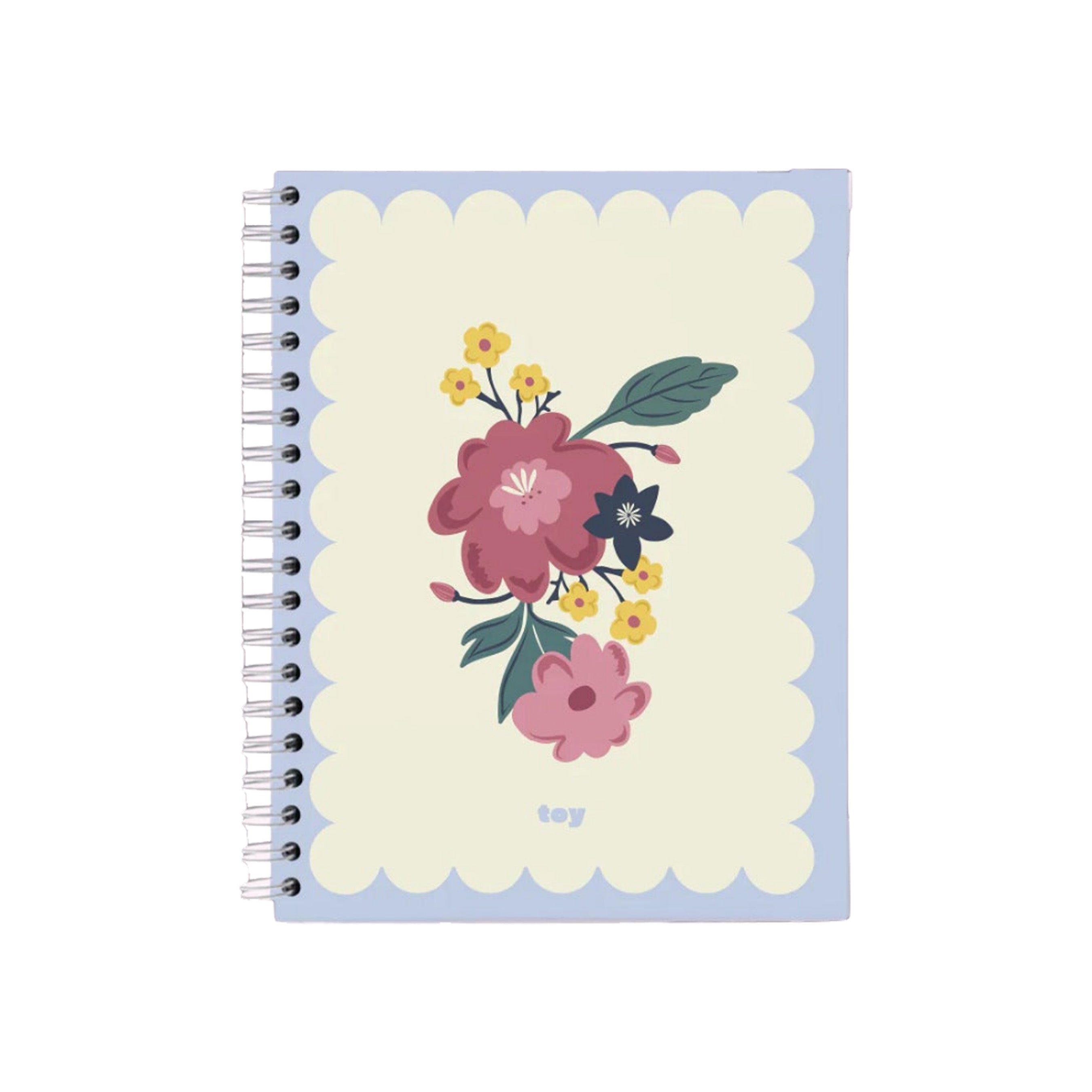 Cuaderno argollado grande Garden Toy con flores rosadas y fondo azul pastel, 80 hojas rayadas o cuadriculadas, con stickers y bolsillo interior.

