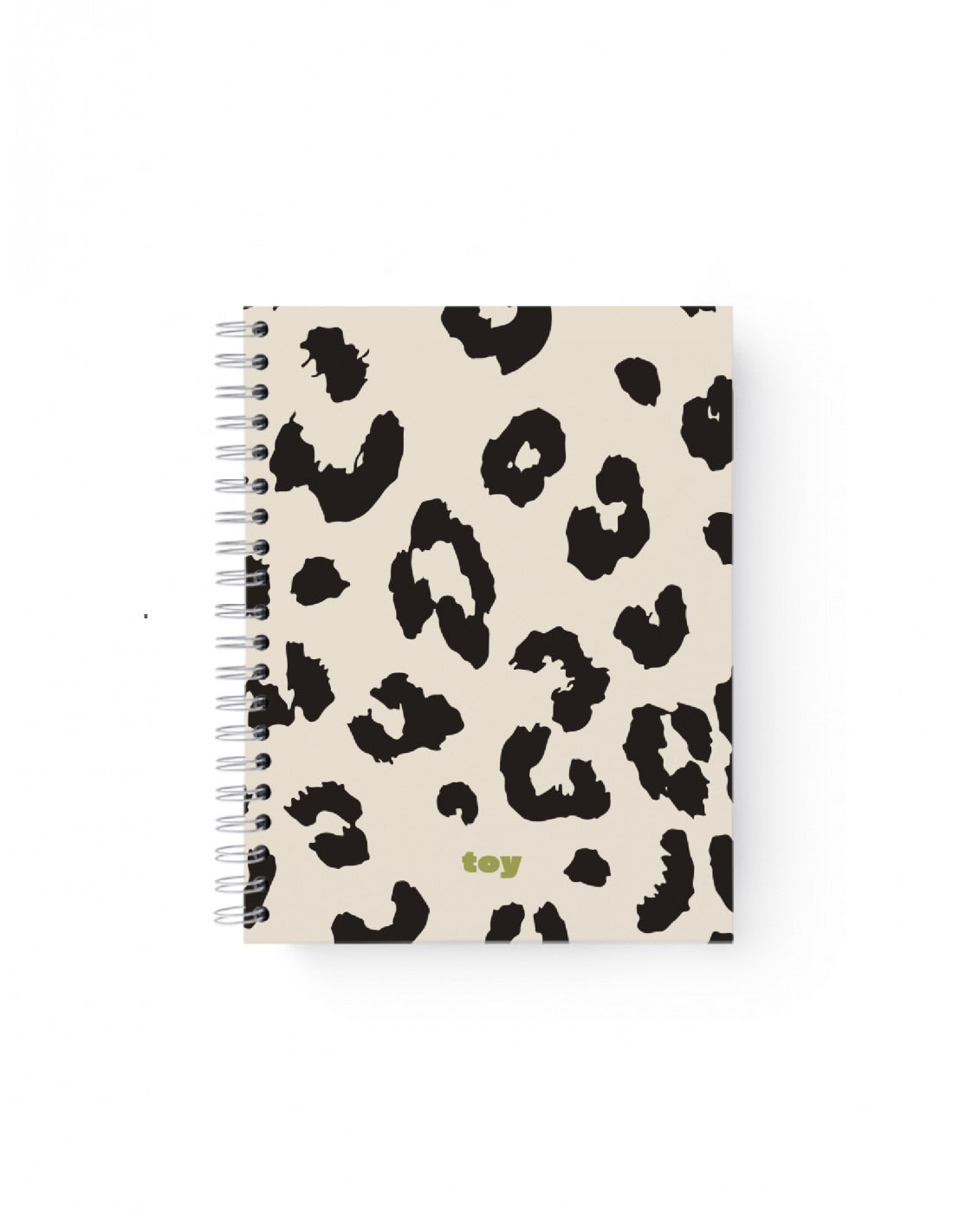 Cuaderno grande Toy con diseño animal print beige y negro, con espiral metálico y logo verde.

