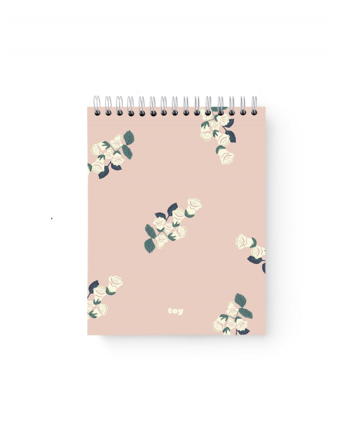 Sketchbook Toy con portada rosa decorada con pequeñas flores blancas y hojas verdes, encuadernado con argollas metálicas, tamaño mediano.

