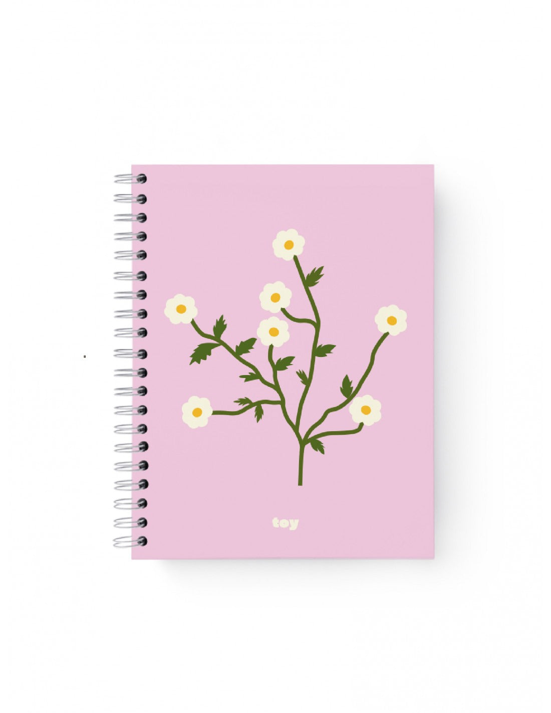 Cuaderno Toy grande con portada rosada y flores blancas, encuadernado con espiral metálico blanco.

