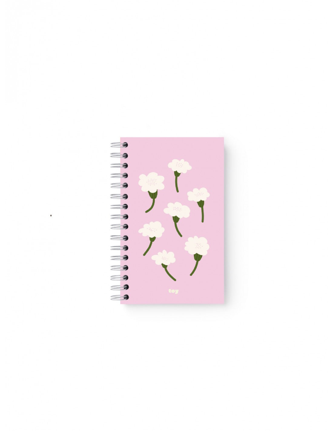 Cuaderno Toy mediano con portada rosa decorada con flores blancas y tallos verdes, encuadernado con espiral metálico.

