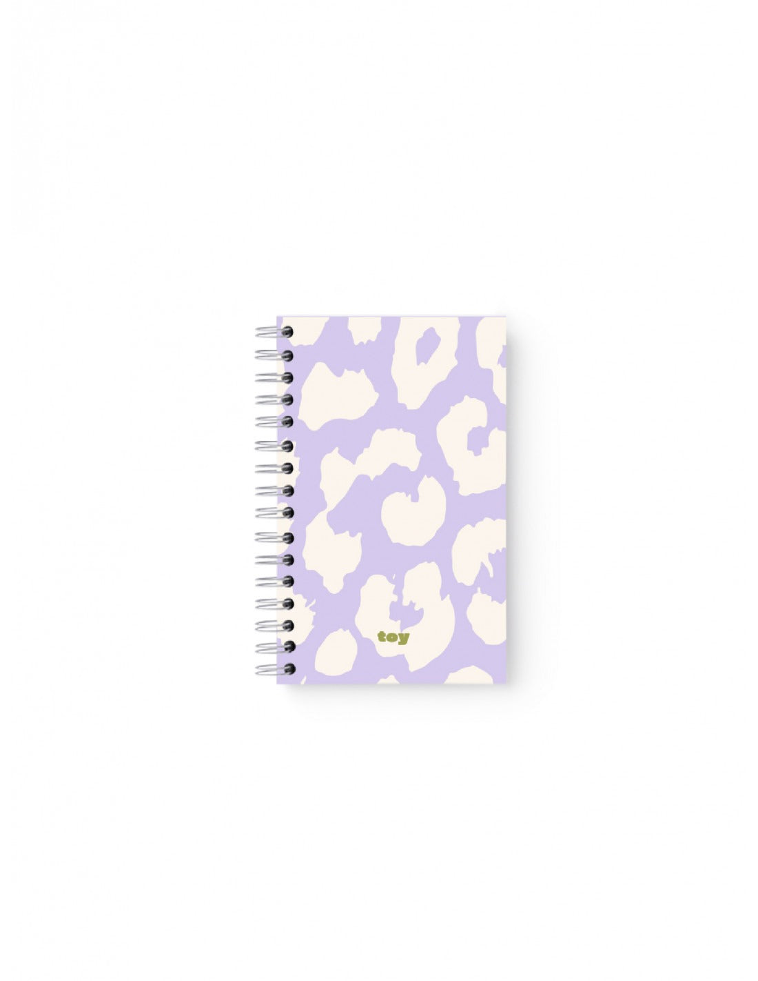 Cuaderno argollado mediano con estampado animal print lila sobre fondo crema (modelo Toy 123205118), tamaño 14×22 cm, 80 hojas, argollado metálico, con stickers y bolsillo interior