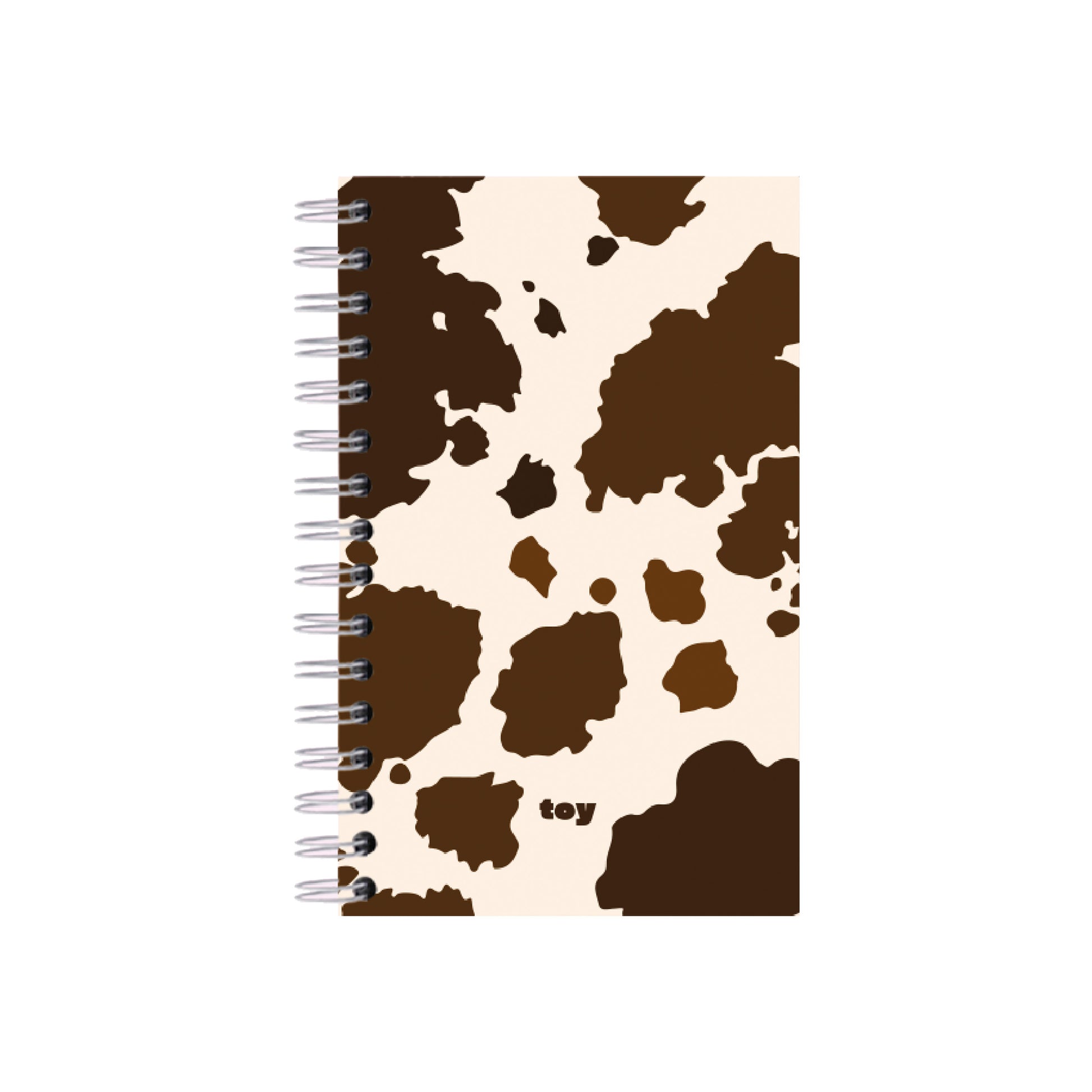Cuaderno argollado mediano Toy Cow Print de 14×22 cm con estampado de vaca, 80 hojas bond rayadas o cuadriculadas, argollado metálico, bolsillo interior y stickers.