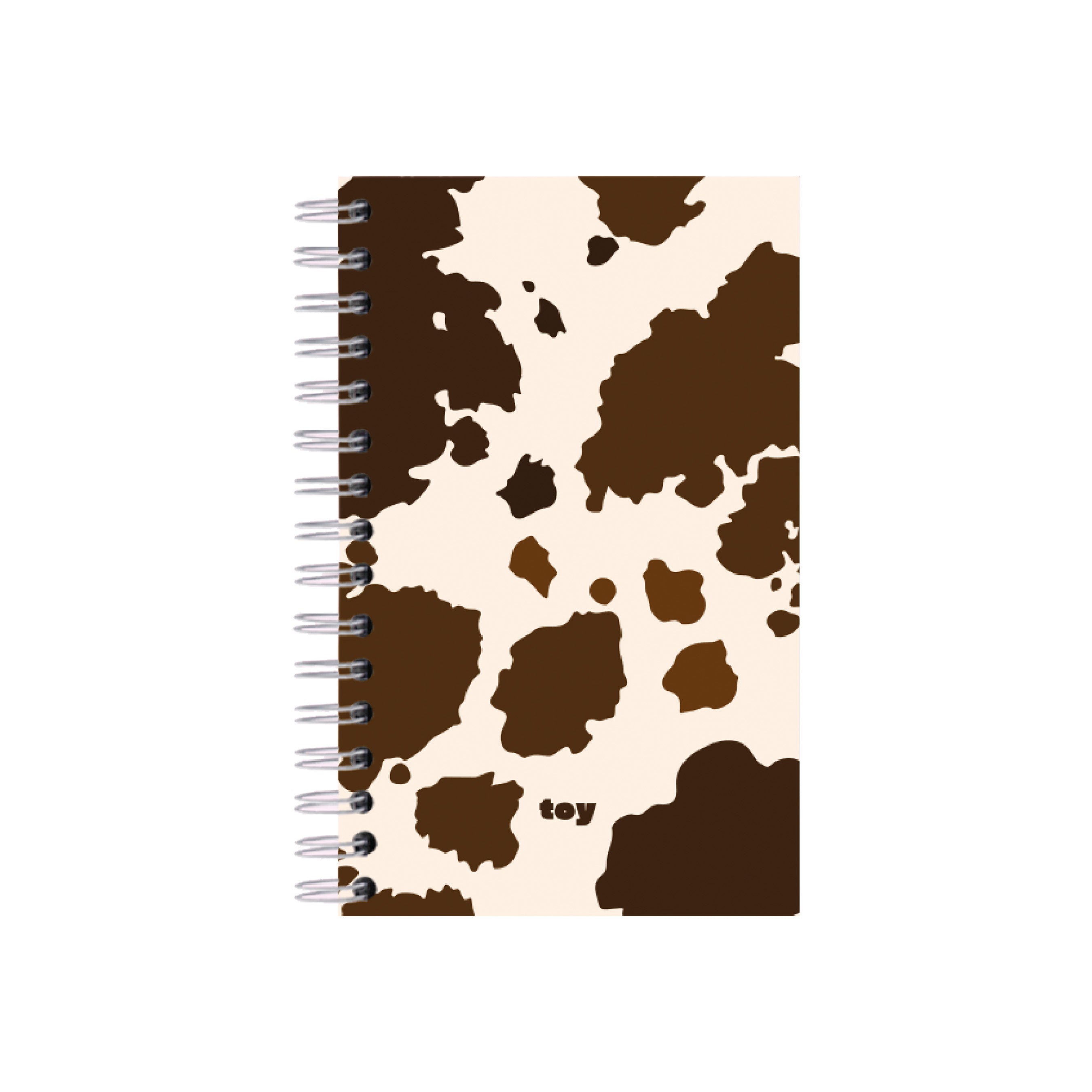 Cuaderno argollado mediano Toy Cow Print de 14×22 cm con estampado de vaca, 80 hojas bond rayadas o cuadriculadas, argollado metálico, bolsillo interior y stickers.