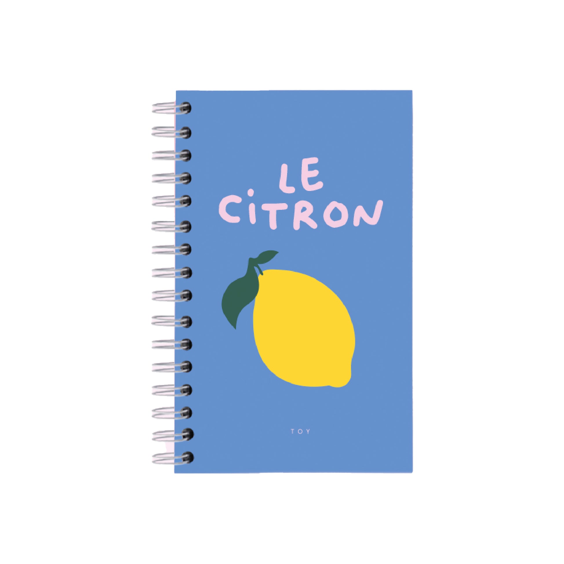 Cuaderno argollado mediano Toy Le Citron (modelo 123205129) con portada azul y limón amarillo, 80 hojas rayadas, formato ~14×22 cm, argollado metálico, con stickers y bolsillo interior.