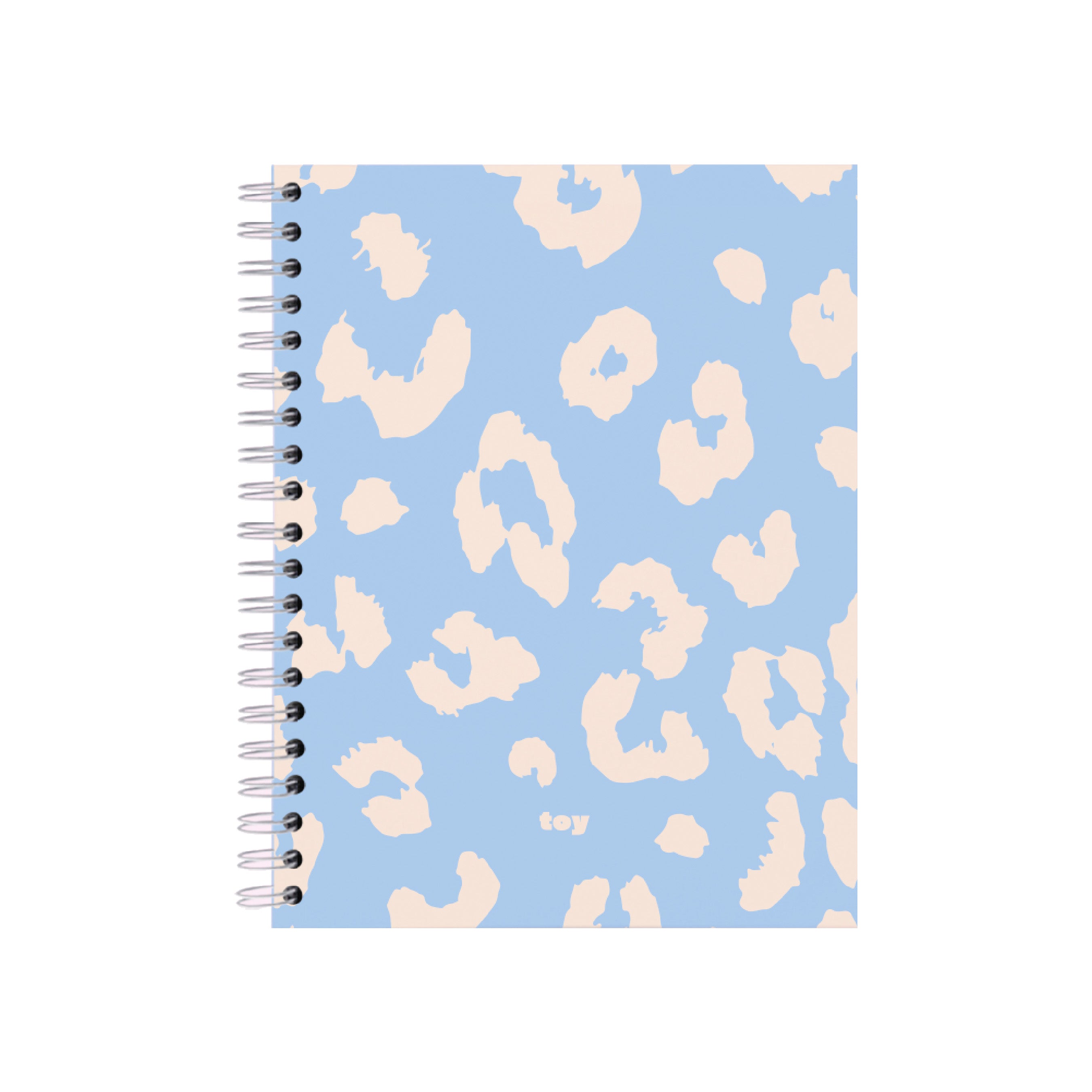 Cuaderno argollado grande Toy Animal Print Azul Claro, tapa con estampado de manchas azules, 80 hojas rayadas, bolsillo interior y stickers visibles.