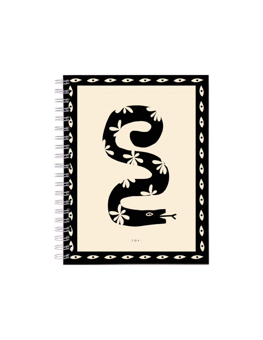 Cuaderno argollado Toy “Serpiente” de 5 materias con portada ilustrada, 150 hojas mixtas, separadores, stickers y argollas blancas visibles.