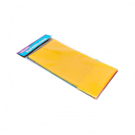 Papel celofán en colores surtidos, paquete x3 pliegos brillantes y translúcidos sobre fondo blanco.