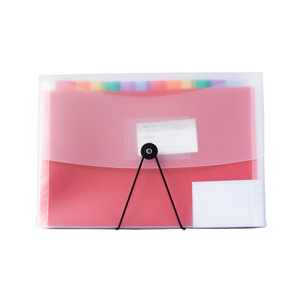 Carpeta fuelle transparente multicolor tamaño oficio con 13 divisiones plásticas para organizar documentos, facturas y contratos.