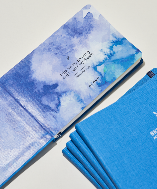 Interior Sketchbook Alpen Acuarela 22×14 cm azul marino, tapa dura con banda elástica, 24 hojas de 300 g con 60% algodón para técnicas húmedas.