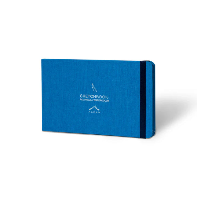 Portada Sketchbook Alpen Acuarela 22×14 cm azul marino, tapa dura con banda elástica, 24 hojas de 300 g con 60% algodón para técnicas húmedas.

