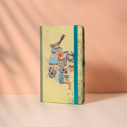 portada Sketchbook Alpen 12×20 cm con tapa dura ilustrada de mapa de Colombia, banda elástica azul y 84 hojas blancas.