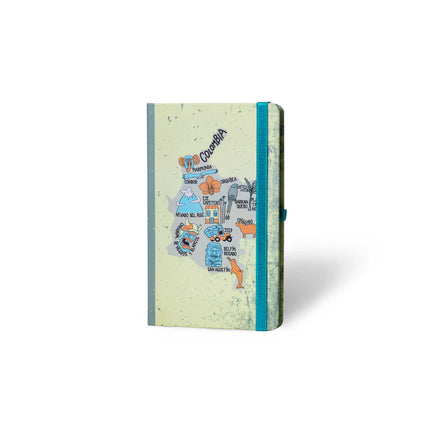 Sketchbook Alpen 12×20 cm con tapa dura ilustrada de mapa de Colombia, banda elástica azul y 84 hojas blancas.
